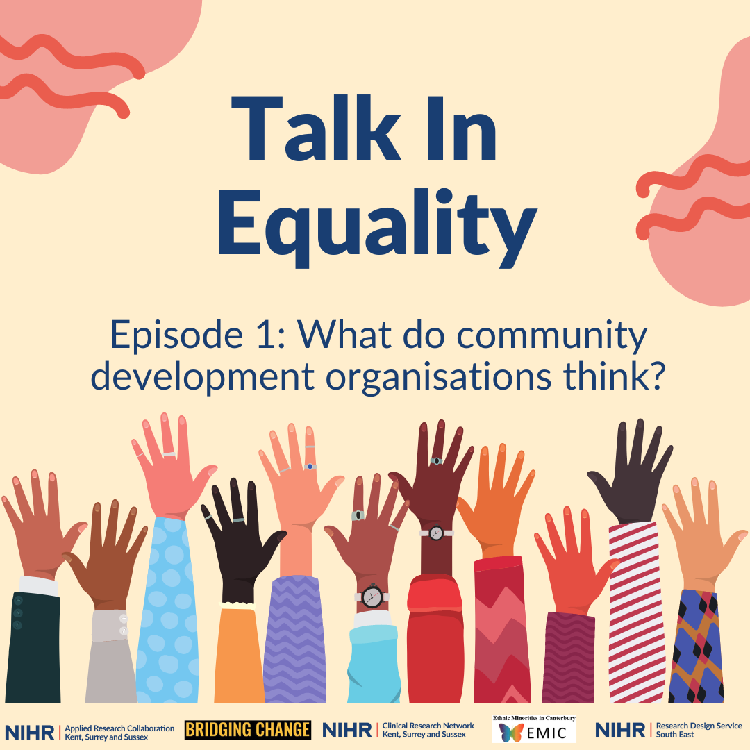 Talk in equality: Episode 1: What do community development organisations think? and photo of a number of hands in the air