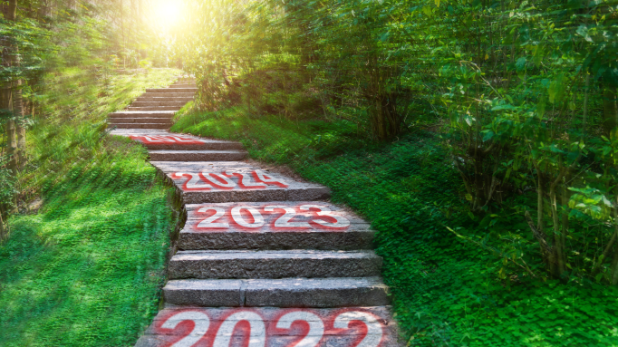 path with steps and on each step a year written: 2022, 2023 and 2024